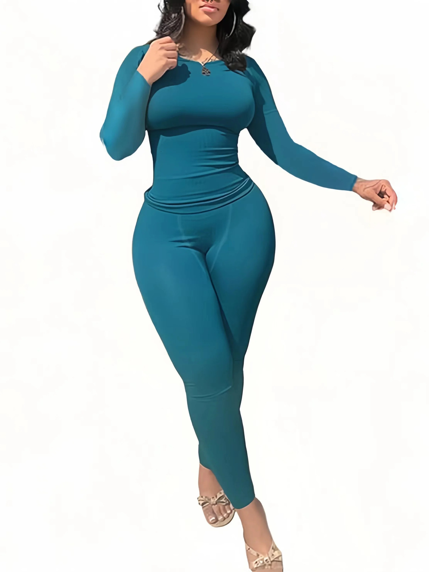 2pcs Solid Color Yoga Workout Set Long Sleeve Round Neck Top High Stretch Running Sports Leggings Suit Womens Activewear 250109