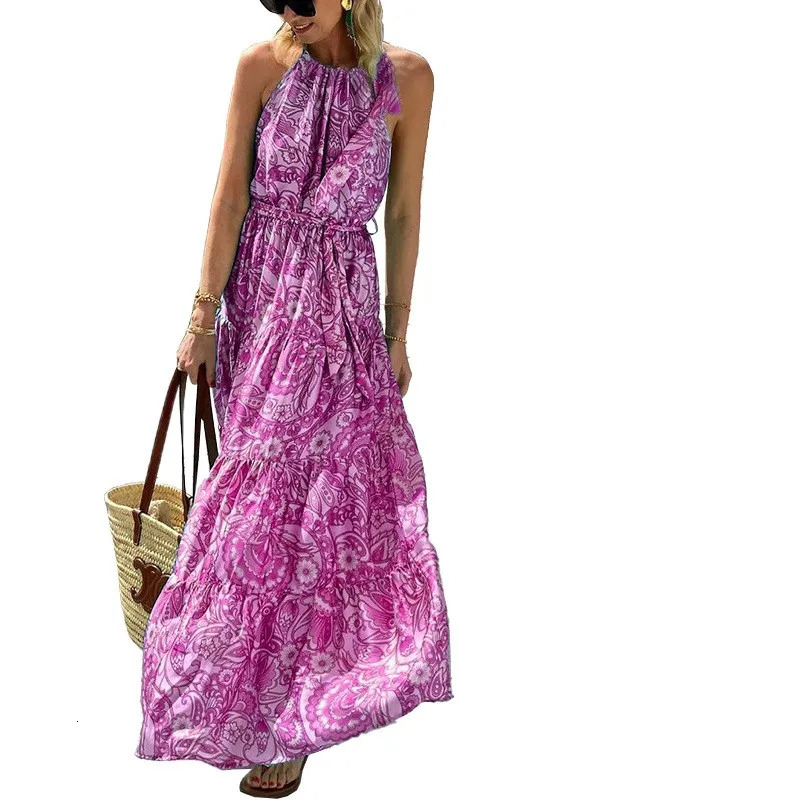 Womens Summer Loose Sleeveless Bohemian Medium length Printed Dress 250118