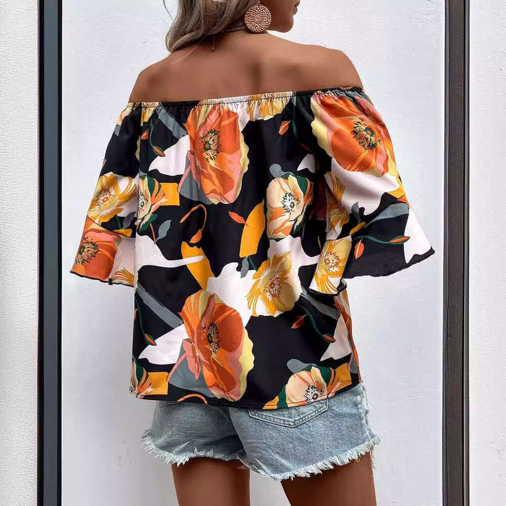 European American fashion hot summer collection with ral print one shoulder short sleeved women's ing 2025 new style chic and elegant clothing