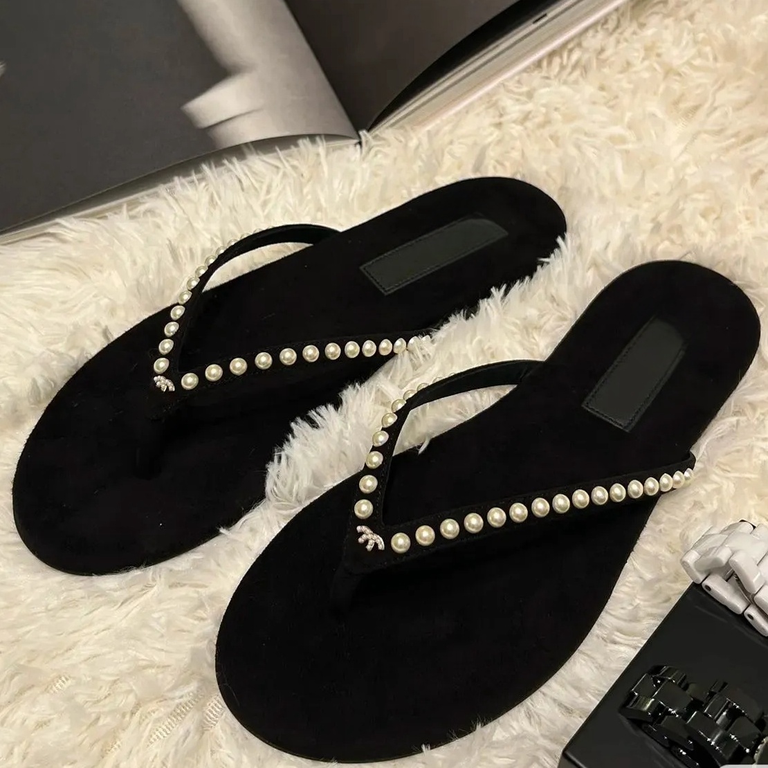 slides Women Flat Sandals Mule Shoe dermis Luxury Shoes Woman Ladies Summer Customized high-end velour Flip Flops Slippers Diamond pearl slippers