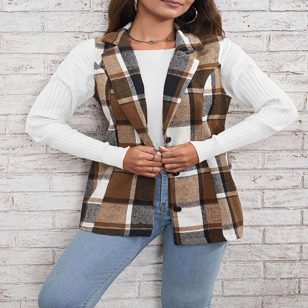 Spring Autumn Winter Top European American Fashion Women's Wear Collar Suit Vest Checkered Coat 2025 New Style Unique and Elegant Clothing