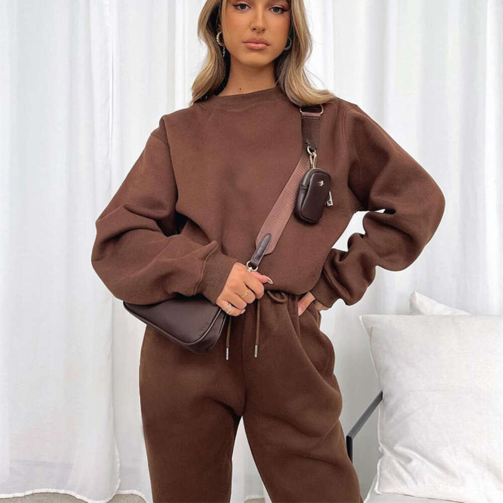 European American autumn and winter solid color round neck pullover pants women's fashion casual long sleeved sweatshirt set 2025 temperament ver
