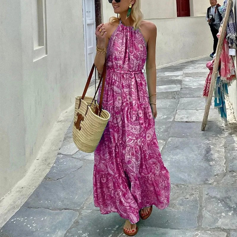 Womens Summer Loose Sleeveless Bohemian Medium length Printed Dress 250118