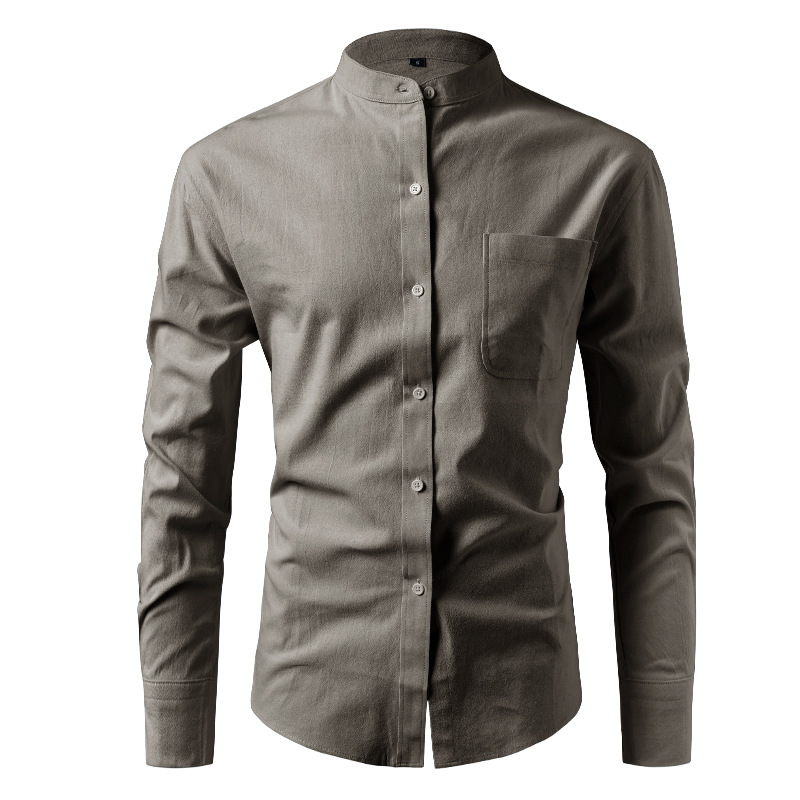 D195 New Stand Collar Shirt Amazon Long Sleeve Cotton Men's Casual Imitation Linen Shirt Men's Trend