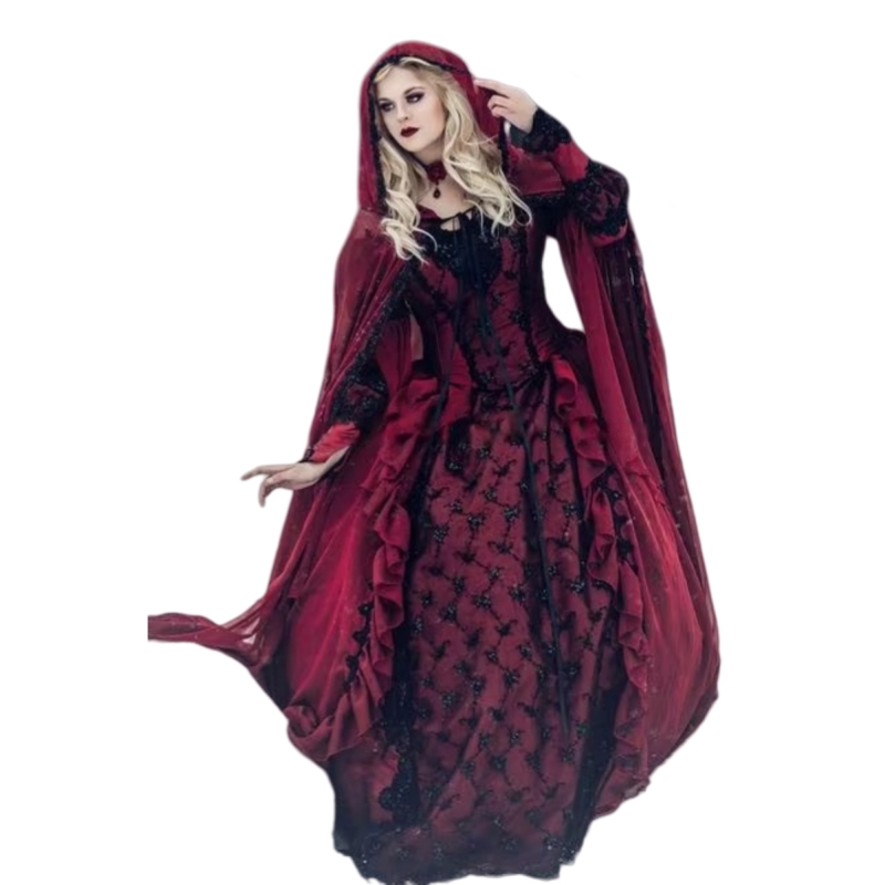Medieval Gothic Prom Dresses With Cap Long Sleeves Princess Special occasion Dress Burgundy And Black Long Ball Gown Fantasy Formal Gown 2025