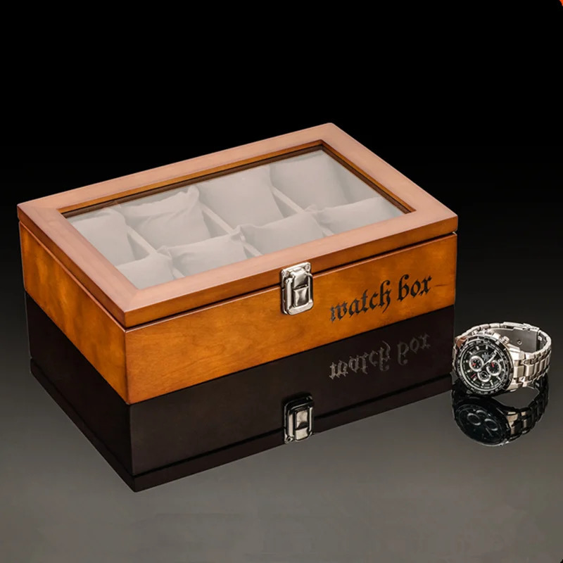 8 Slots Wood Watch Box Organizer Watch Holder With Glass Window Mens Wrist Watch Display Black Watch Cabinet 250117