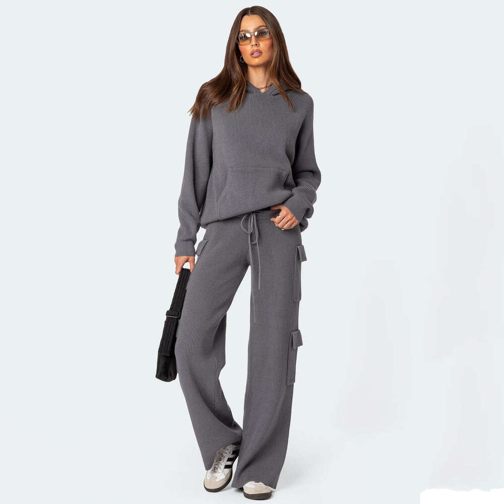 2025 European American Spring Autumn Women's Hooded Sports and Leisure Sweater Knitted Set New Casual Versatile Fashion Clothing