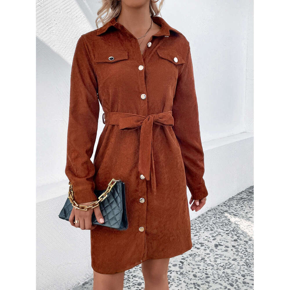 European American lapel corduroy waistband dress for spring, autumn and winter women's clothing, 2025 new casual versatile fashion clothing