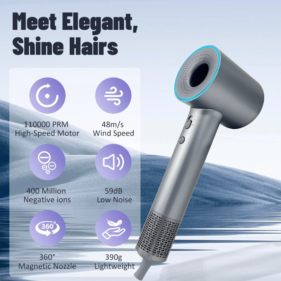 High Speed Hair Dryer 110000RPM 400 Million Negative Ionic Professional Hair Straightener Care for Home Travel Nozzle Blow Dryer 250114