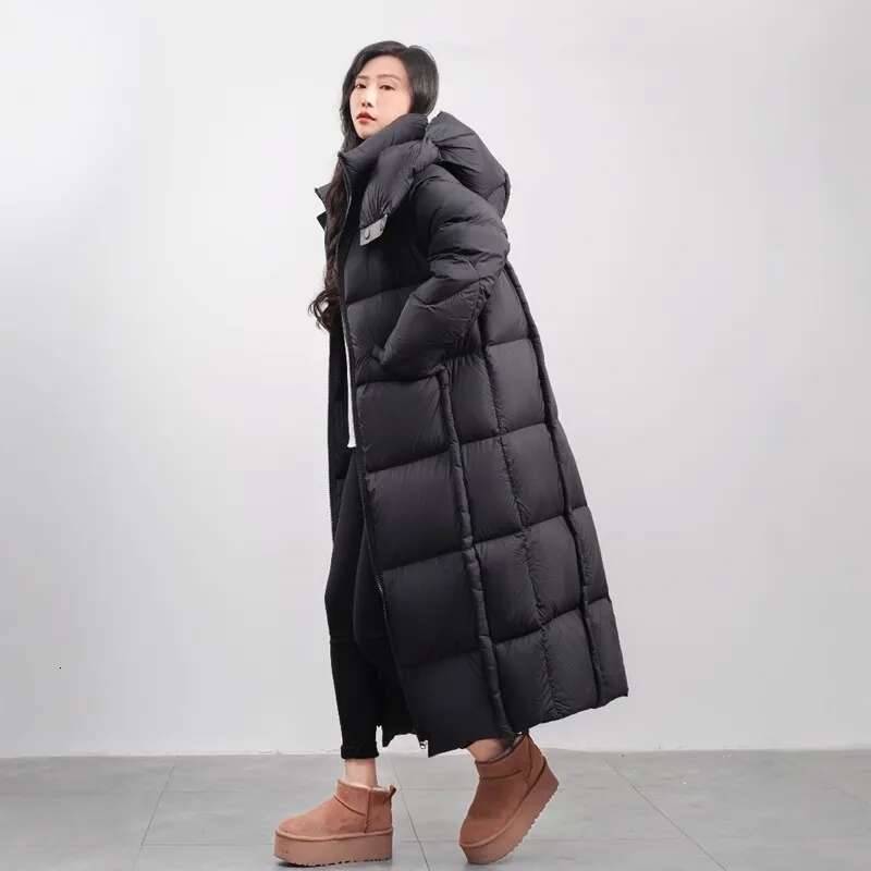 2025 New Winter Long White Goose Down Coat Women's Black Thicken Puff Loose Fluffy Jacket Female Hooded Warm Parka Down Overcoat