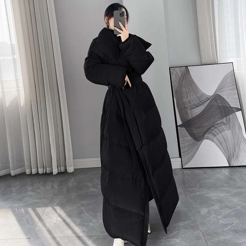 Winter New Fashionable Women Coat Long Large Lapel Slim Fit Lace Up Commuting White Duck Down Jacket