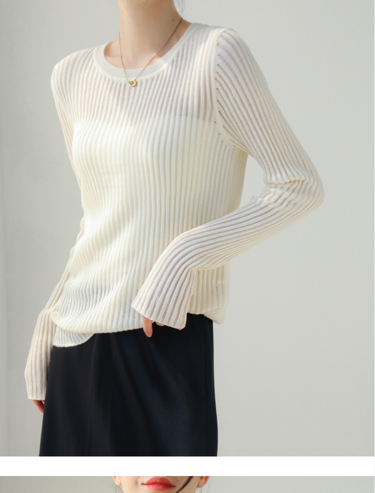 fgtz1 Women's Wool Blend Lazy Wind Hollow Knit Sweater - Round Neck, Slightly Transparent for Early Fall
