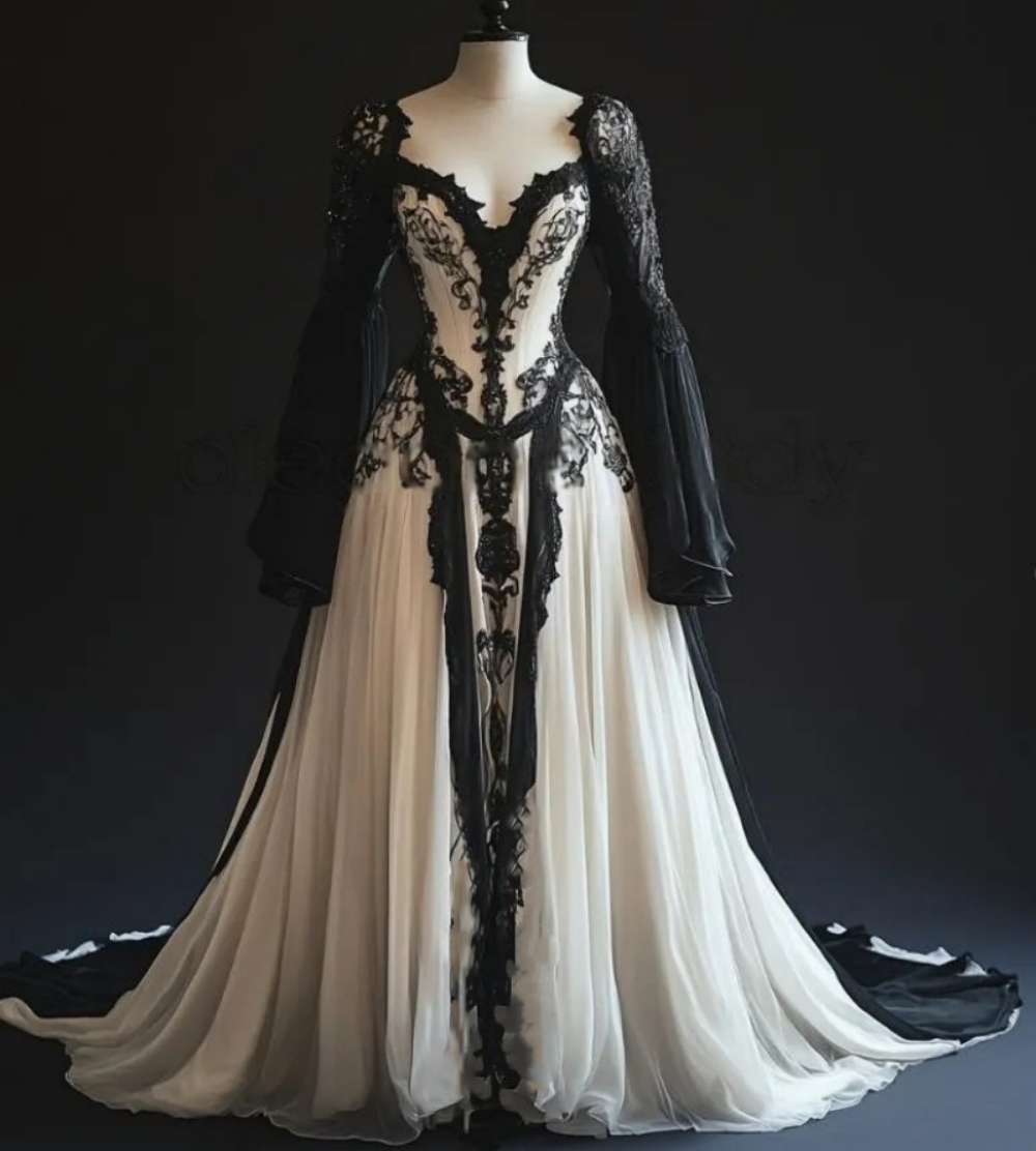Gothic Black And White Wedding Dresses Flare Long Sleeves Vintage Bridal Gowns Lace Appliques Court Train Vestido De Novia 2025