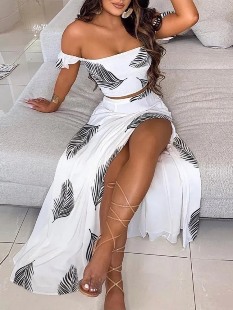 Color Print Skirt Two Piece Set Women One Line Neck Cropped Tube Top Slit Skirts Sets Casual Bohemian Beach Vacation Style Suit 250118