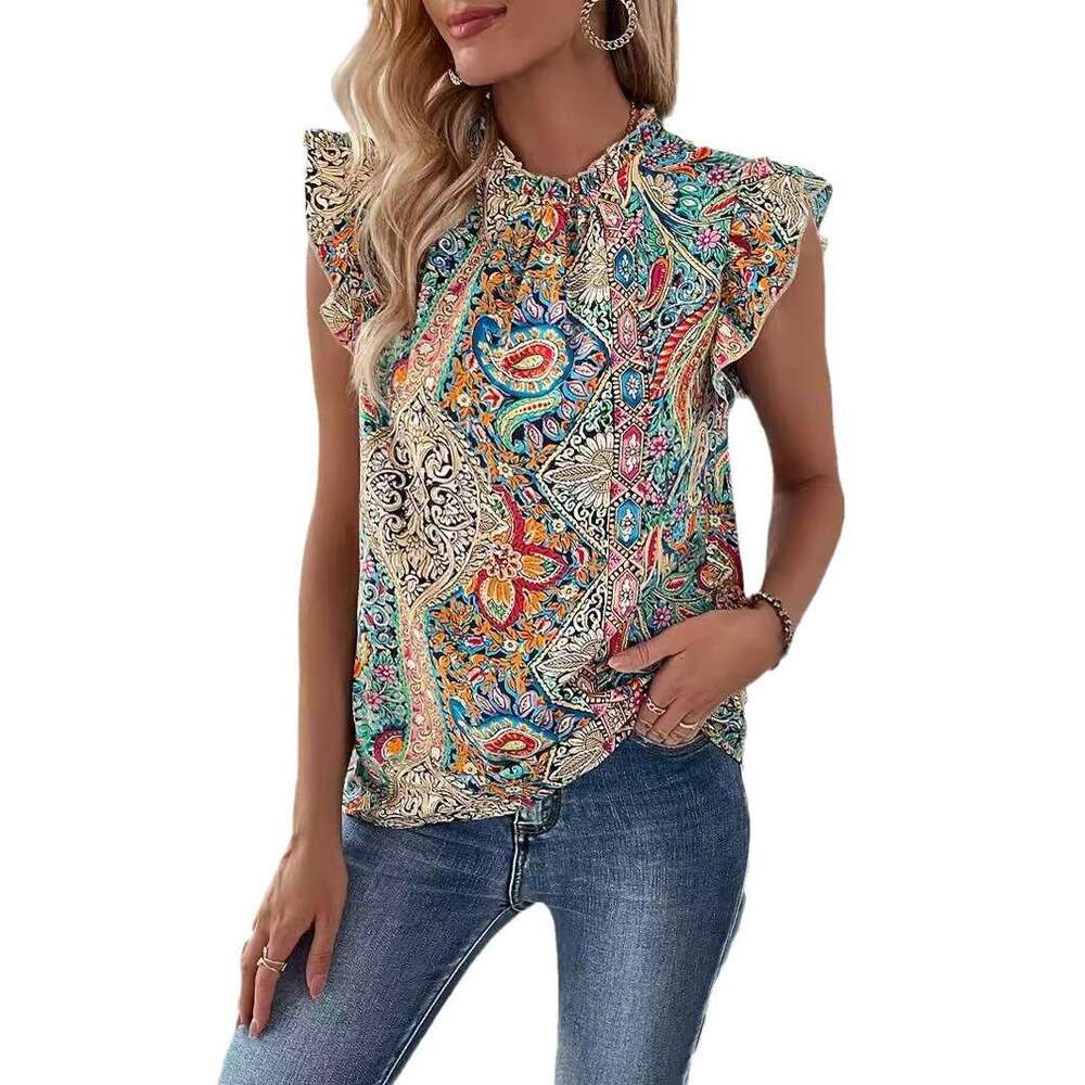 European American summer women's retro ethnic style printed short sleeved shirt with butterfly sleeves, 2025 new style, chic and elegant clothing