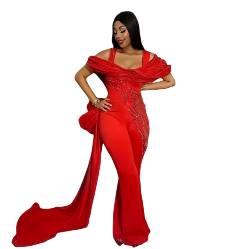 Modern Red Prom Jumpsuits Beaded Formal Dresses Straps Off Shoulder Special occasion Wear For Women