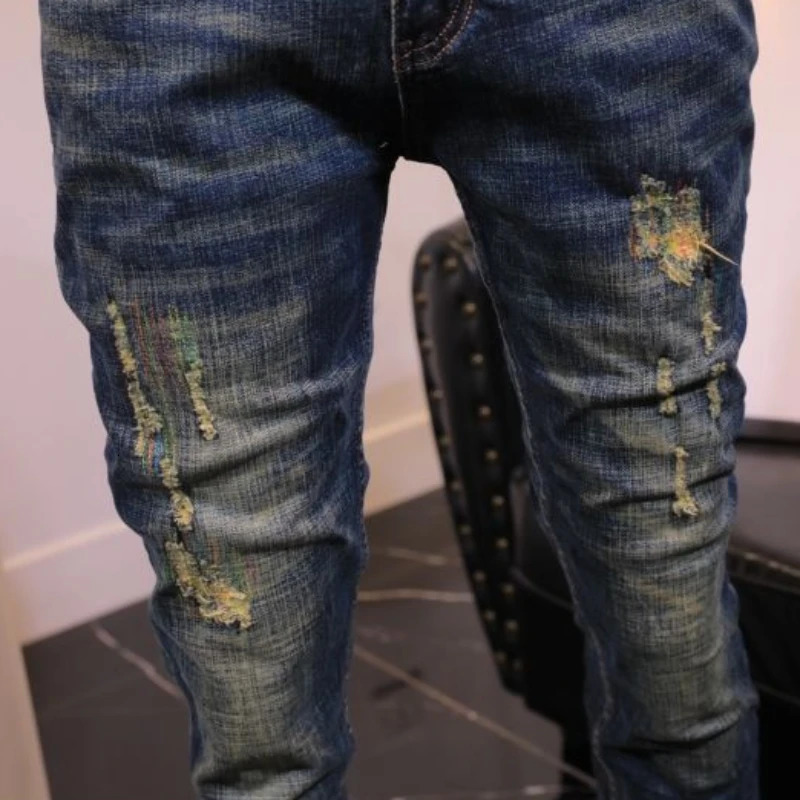 Trouser tear elastic perforated mens jeans slim fit jeans mens skinny jeans skinny jeans 250118
