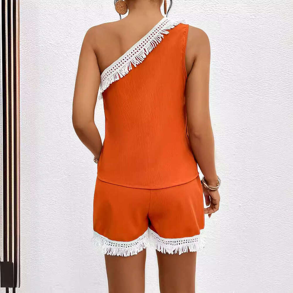 European and American women's fashionable slng shoulder collar front vest shorts set, 2025 versatile temperament new trendy clothing ins
