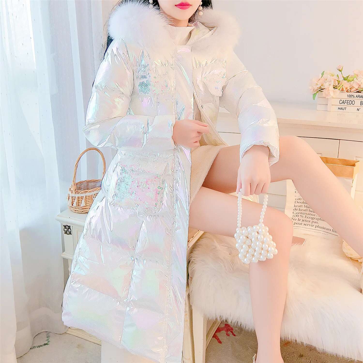 SWEETXUE 2025 Winter Sequined Fur Collar Hooded Women Thick Warm Parkas Female Long Casual Cotton Padded Jackets Parka Outwear