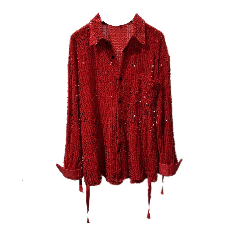 PFHQ Summer Glitter Mens Shirt Flip Collar Long Sleeve Single Chest Loose Mens Shirt Trend 21F3560 250110