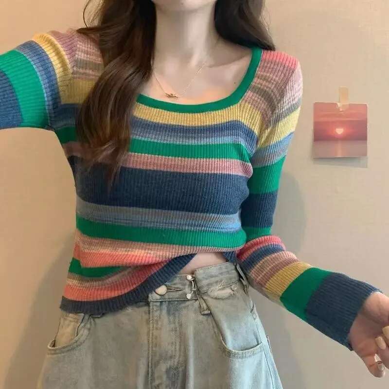 New Spring And Autumn Rainbow Stripe Square Collar Colorful Long Sleeve Base T-shirt For Women Inner Collar Knitted Top Thin Designer T-shirt