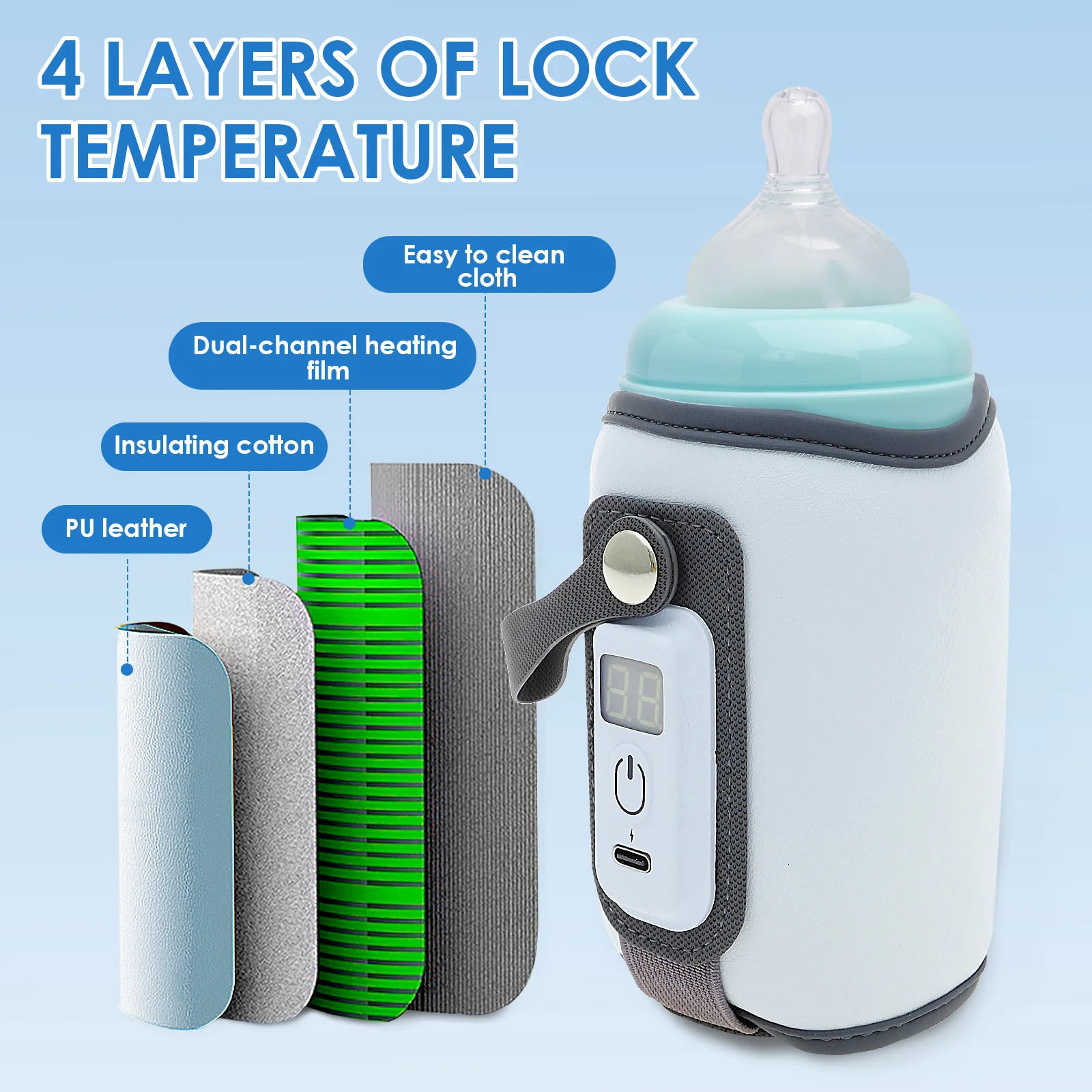 Baby Bottle Warmer Insulated Bag PU Leather 5Speed Temperature Adjustment Milk USB Portable Car Travel 250117
