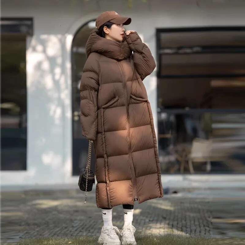 2025 New Winter Long White Goose Down Coat Women's Black Thicken Puff Loose Fluffy Jacket Female Hooded Warm Parka Down Overcoat