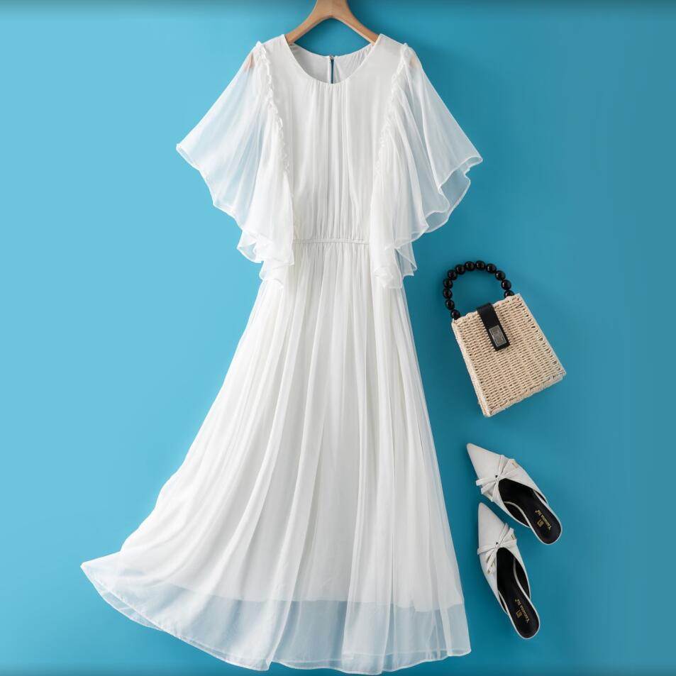 K3210 Mulberry silk waist slimming solid color dress fairy flying sleeves silk skirt female niche long summer sweet solid color