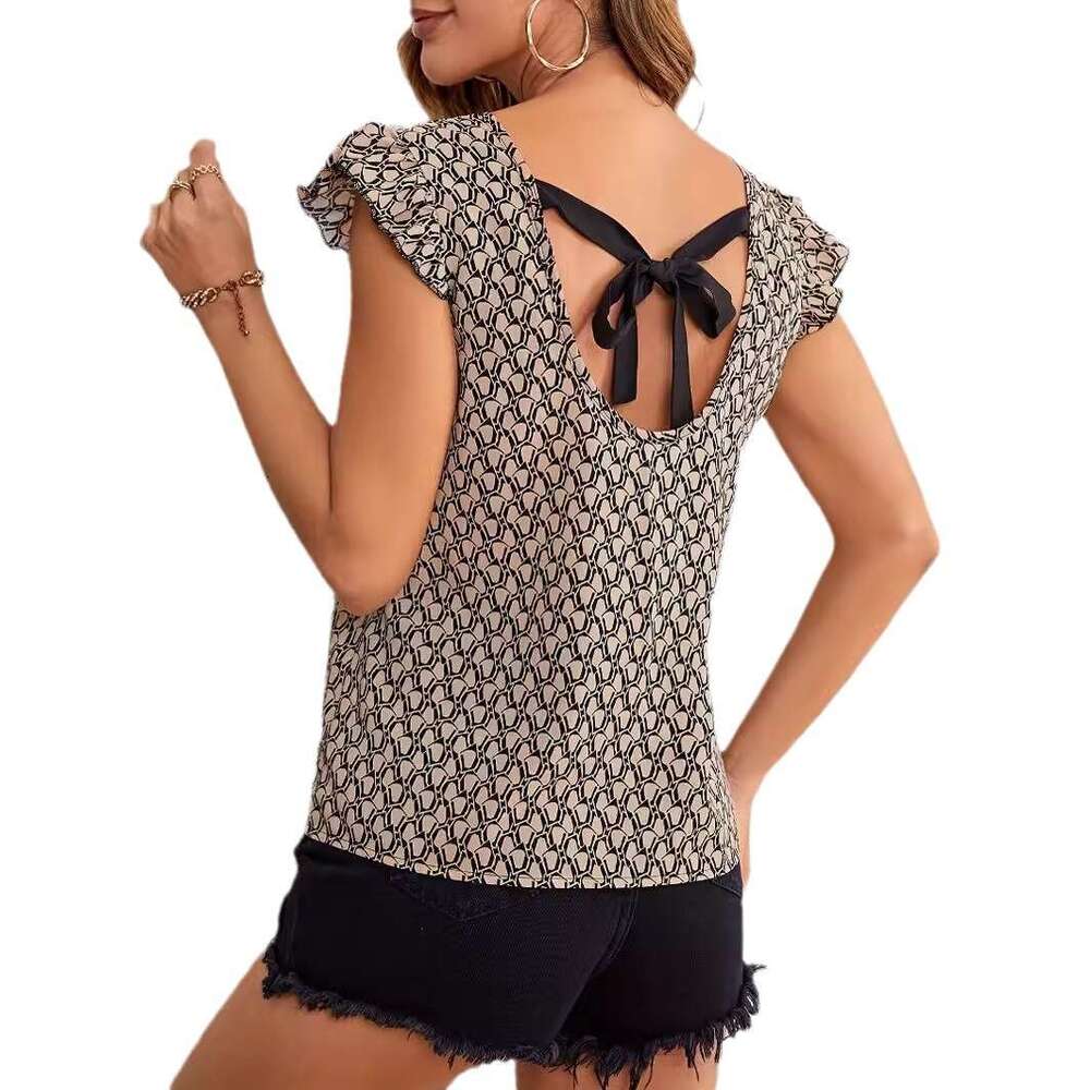 European American Spring Autumn women's autumn and winter full page printed lace up ruffle edge trimmed shirt 2025 new casual versatile fashion c