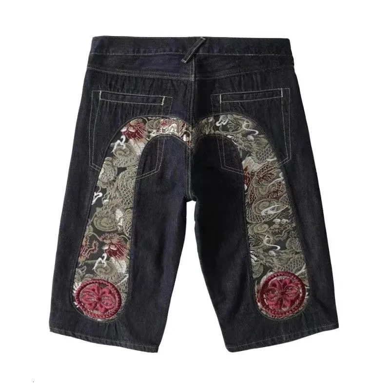 2024 Fukushen Shorts HipHop American High Street Retro Harajuku Style Fashion Loose Printed Denim Straight FiveLeg Pants 250118