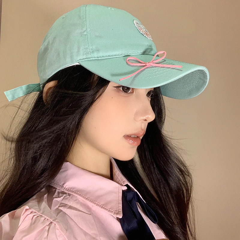 Mint green love bow baseball cap womens wide brim big head circumference showing face small versatile cap 250117