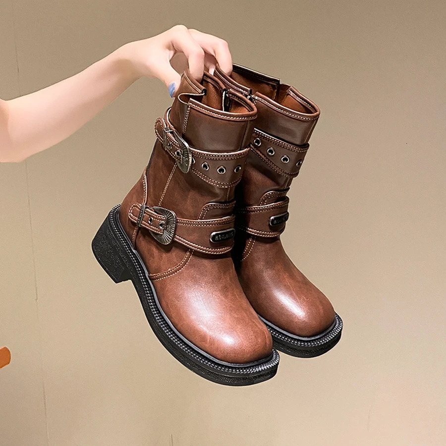 Brushed PU Leather British Style Short Boots Square Toe Thick Sole Belt Buckle Side Zipper Heel Knight for Women 250117