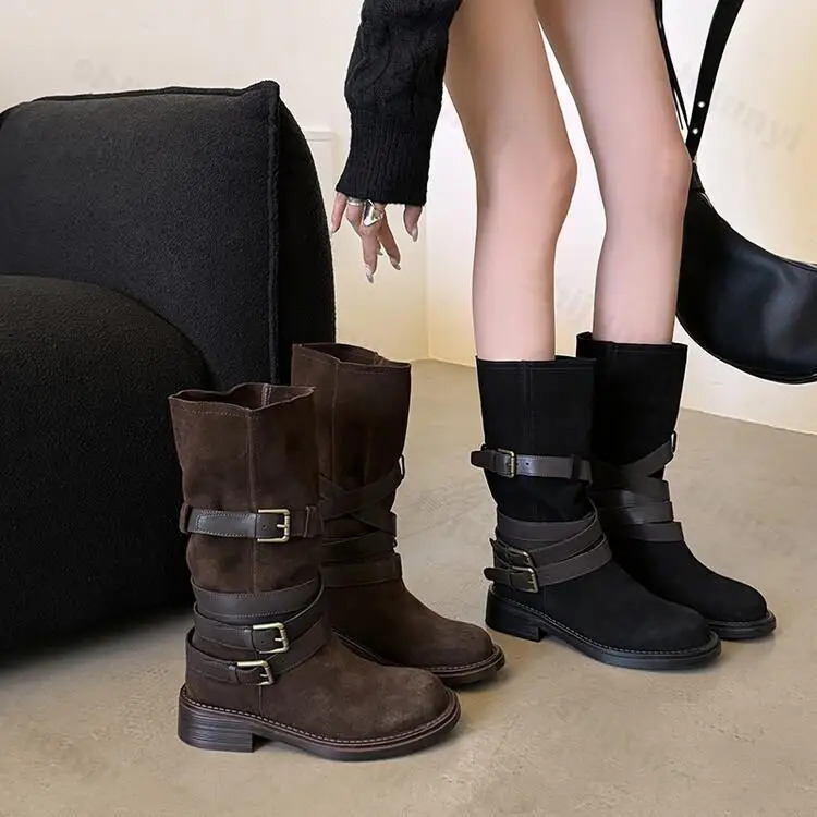 Pleated Buckle Knight Boots for Women Autumn Faux Suede Brown Midcalf Woman SlipOn Thick Heel Booties Botas De Mujer 250117