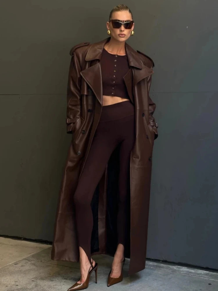 ZBZA Womens Double-breasted Lace-up Faux Leather Trench Coat Retro Double Pockets Solid Loose Belted Overcoat Fall Winter Coat 250118