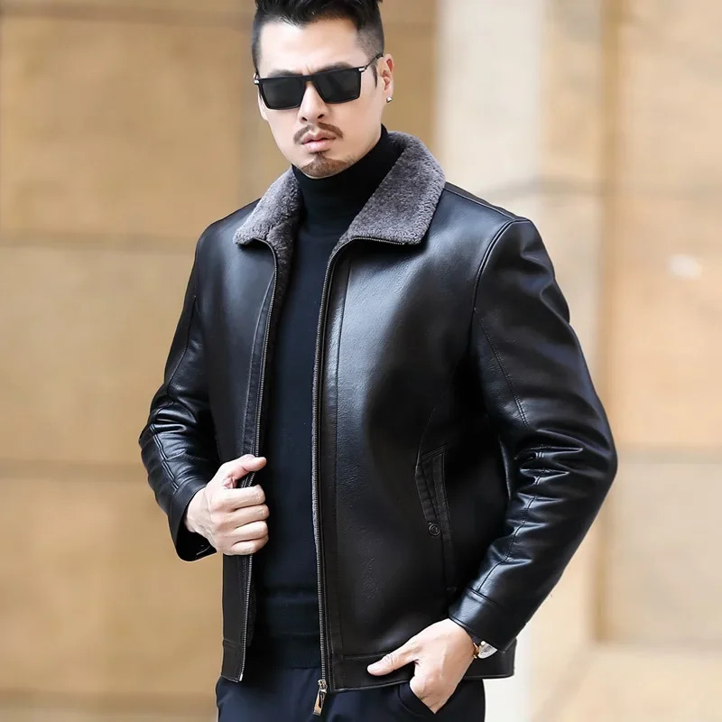 Mens Fur One Casual Thickened Motorcycle Jacket Fashion Leather Male Plus Cashmere Sheep Short Coat 250109Z