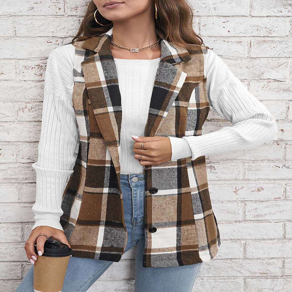 Spring Autumn Winter Top European American Fashion Women's Wear Collar Suit Vest Checkered Coat 2025 New Style Unique and Elegant Clothing