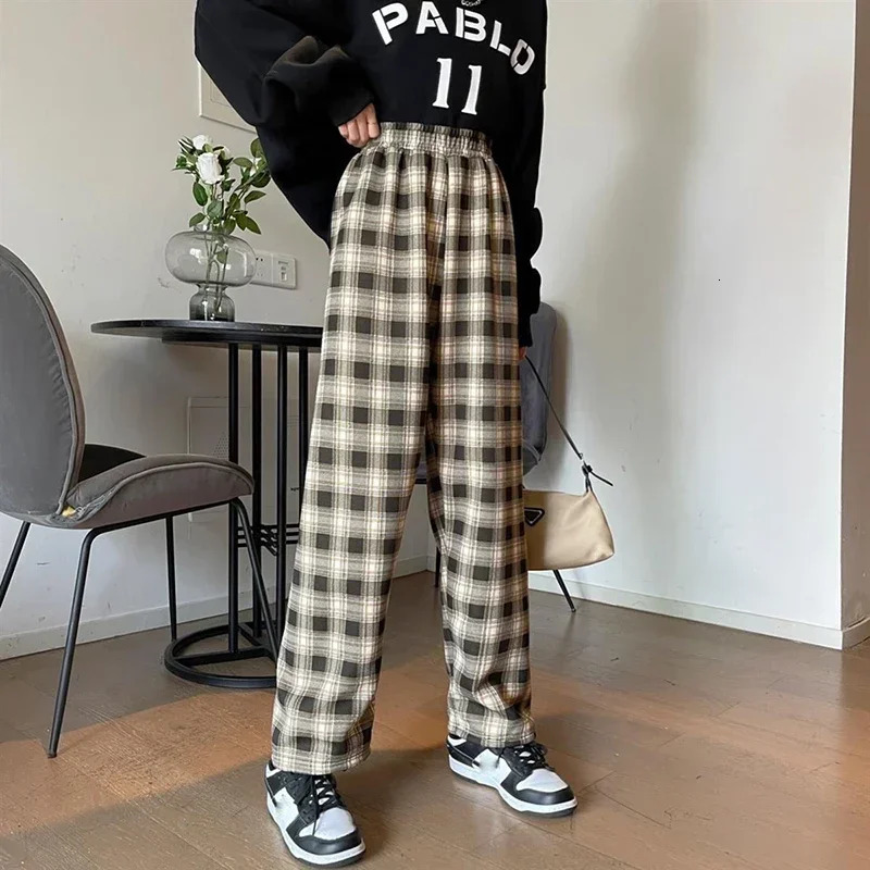 JMPRS Winter Thick Plaid Pant Korean Fashion Warm Loose Wide Leg Trousers Student Y2K Causal High Waist Pants Outwear 250113