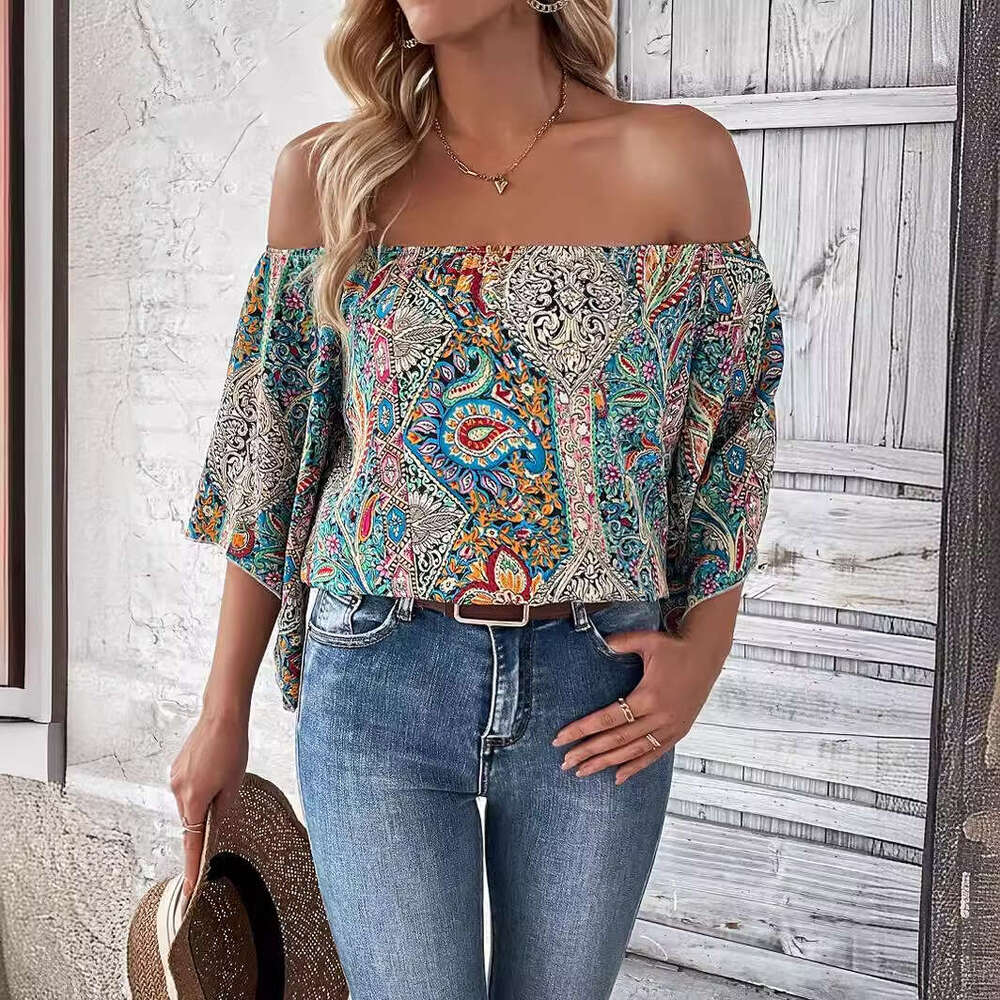 European and American summer women's retro ethnic style Paisley print short sleeved top with versatile temperament, new trendy clothing ins