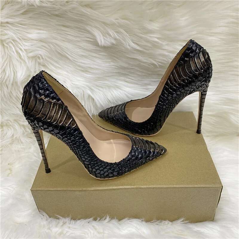 Ke Shang Jia Serpentine Pumps Lady 12cm High Heel Pointed Toe Shallow Sexy Party Fashion 10cm 8cm Black Snake Print Dress Shoe
