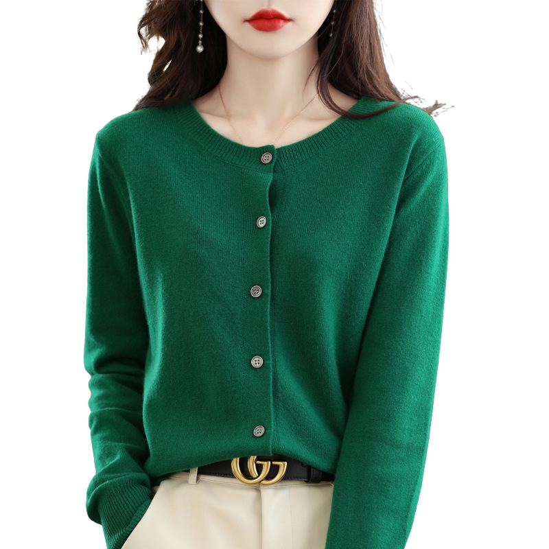 New Knit Cardigan for Early Spring Women's Round-Neck Sweater Long-Sleeve Solid Color Versatile Jacket