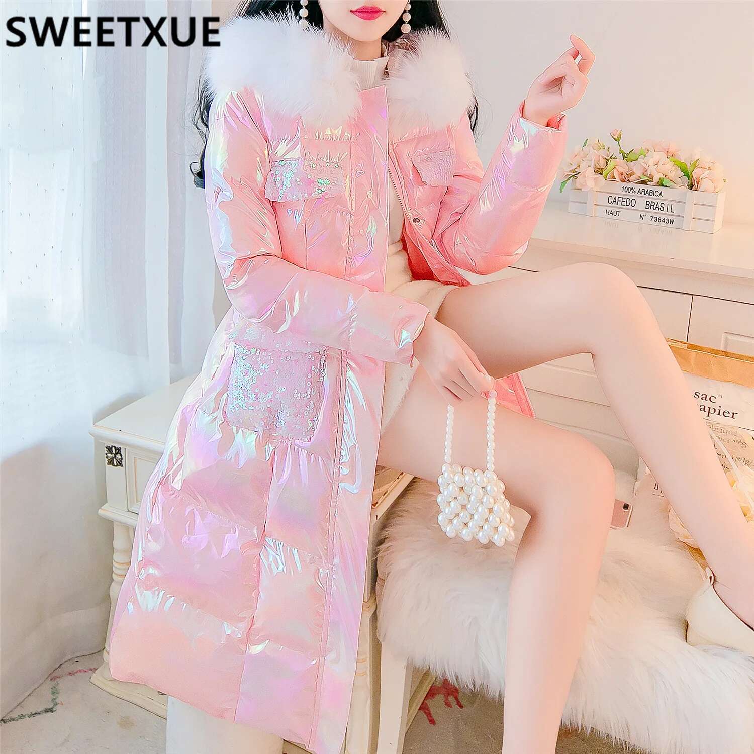 SWEETXUE 2025 Winter Sequined Fur Collar Hooded Women Thick Warm Parkas Female Long Casual Cotton Padded Jackets Parka Outwear