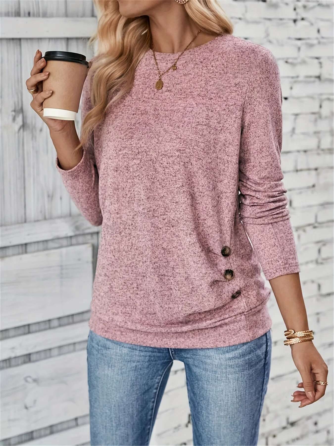 Button Decoration Ruffled T-shirt For Spring And Autumn Casual Long Sleeved Top Designer T-shirt For Women's Wear