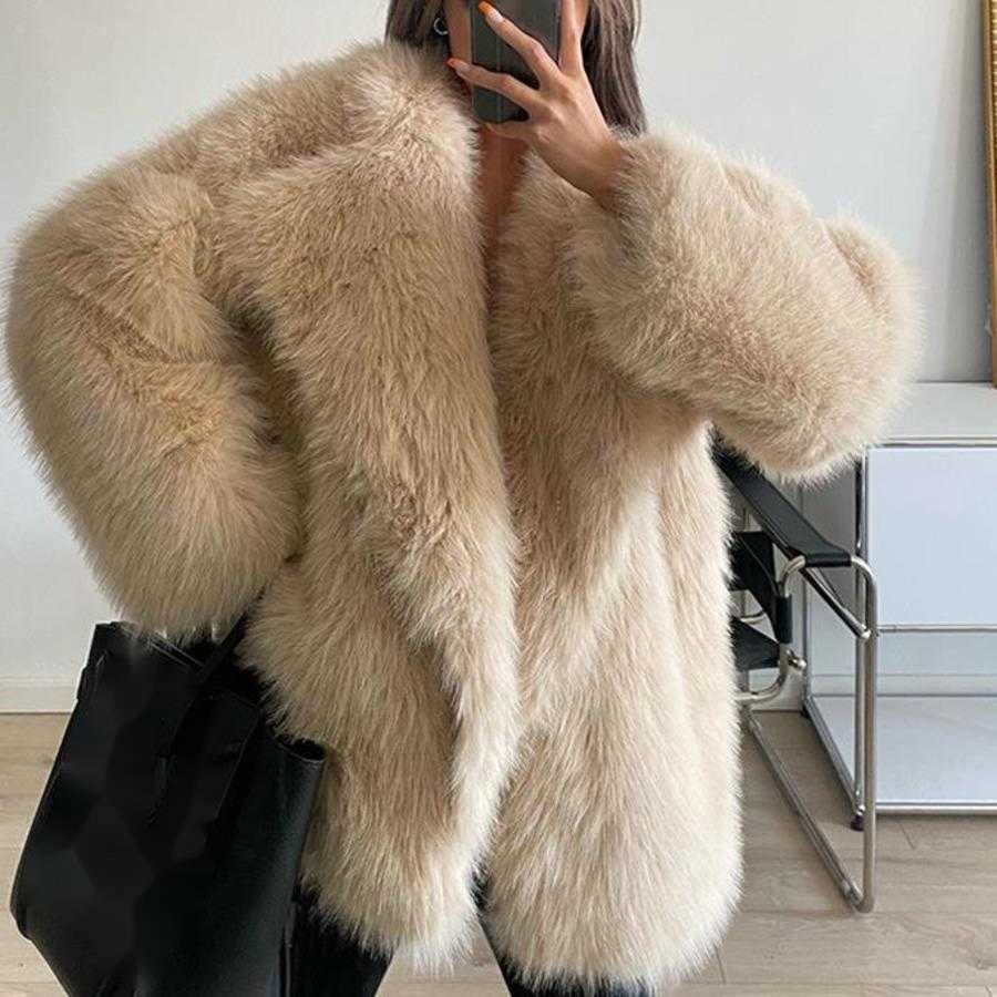 Autumn and Winter New Lapel Fur Coat Womens Artificial Fur Jacket Loose Korean Version Medium Length Jacket Womens Clothing Women Jackets Coat Woman F