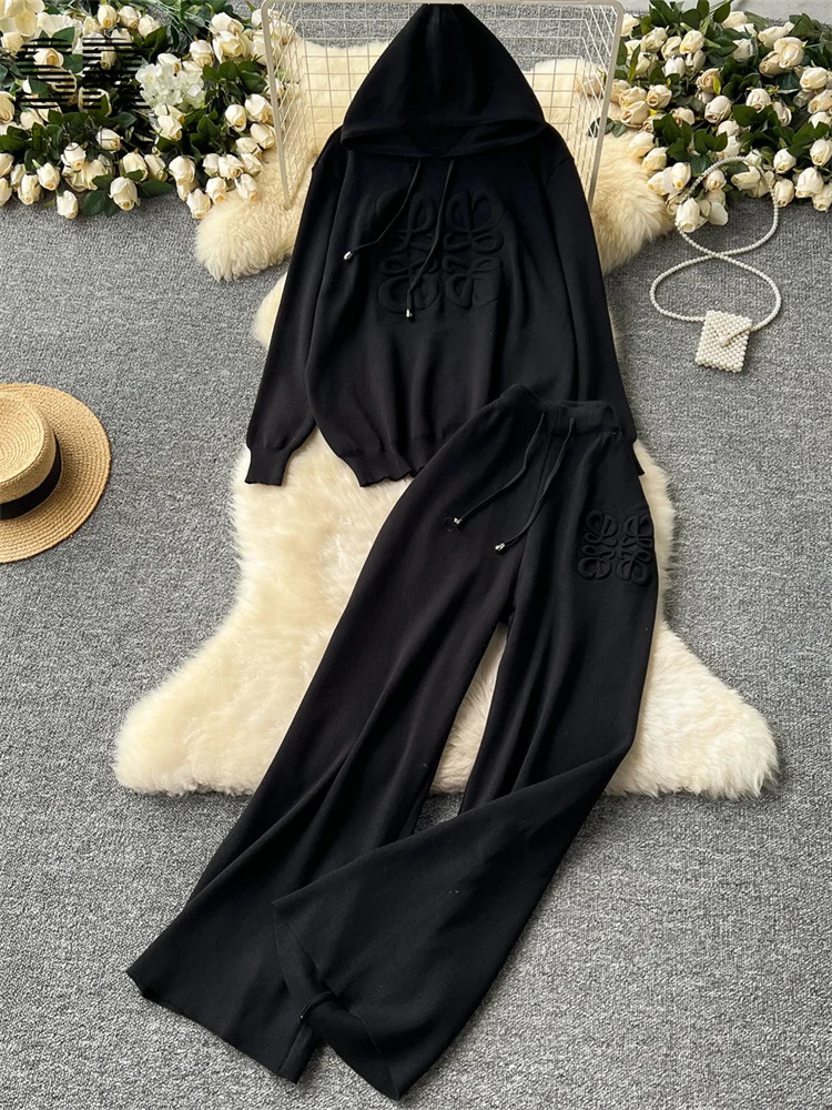 SINGREINY Lazy Casual Knit Two Pieces Set Women Autumn Winter Long Sleeve 3D Texture Printed HoodiesDrawstring Pants 2pcs Suits 250113