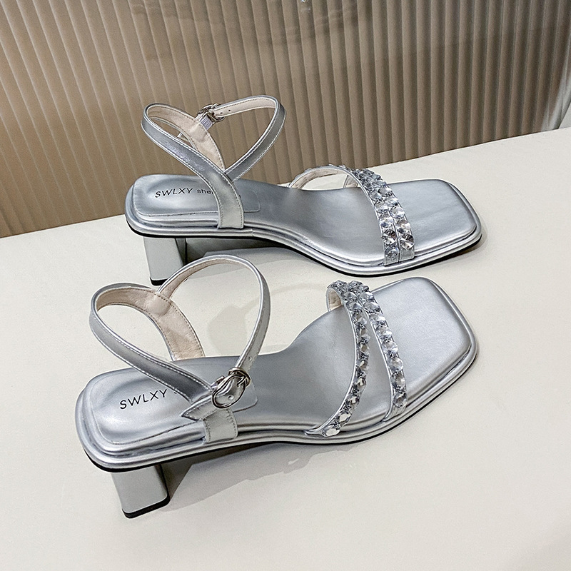 Women Sandals High Heel Fashion Diamond Design Sense Triple Black Beige Silver Free shipping