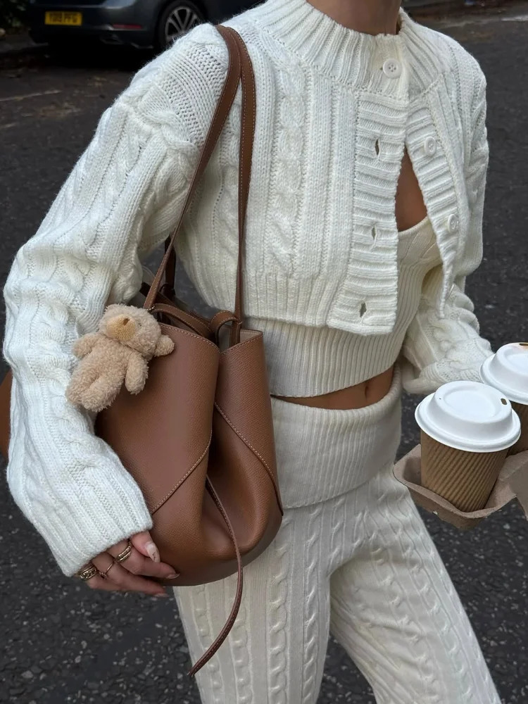 Knit Pants Sets 3 Pieces For Women White Crop Halter Vest Short Button Cardigans Fold High Waist Flare Pants 2025 Spring Outfit 250107