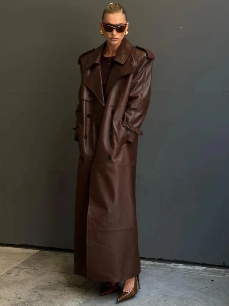 ZBZA Womens Double-breasted Lace-up Faux Leather Trench Coat Retro Double Pockets Solid Loose Belted Overcoat Fall Winter Coat 250118