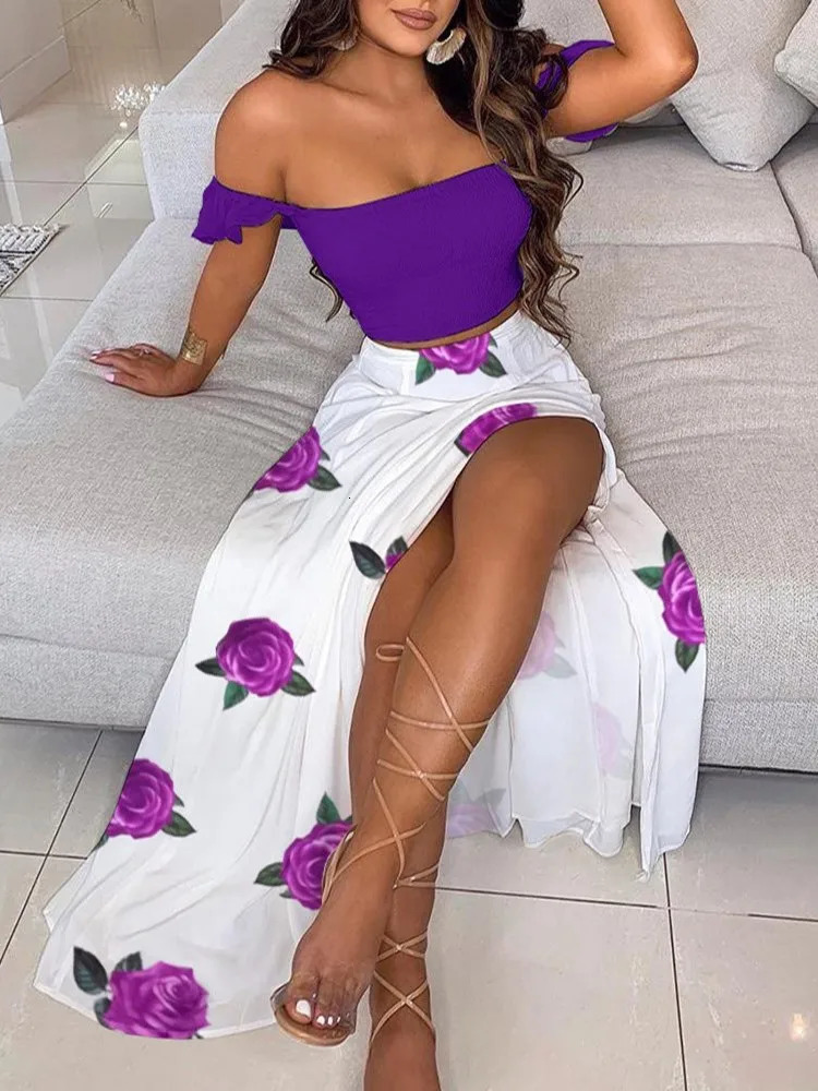Color Print Skirt Two Piece Set Women One Line Neck Cropped Tube Top Slit Skirts Sets Casual Bohemian Beach Vacation Style Suit 250118