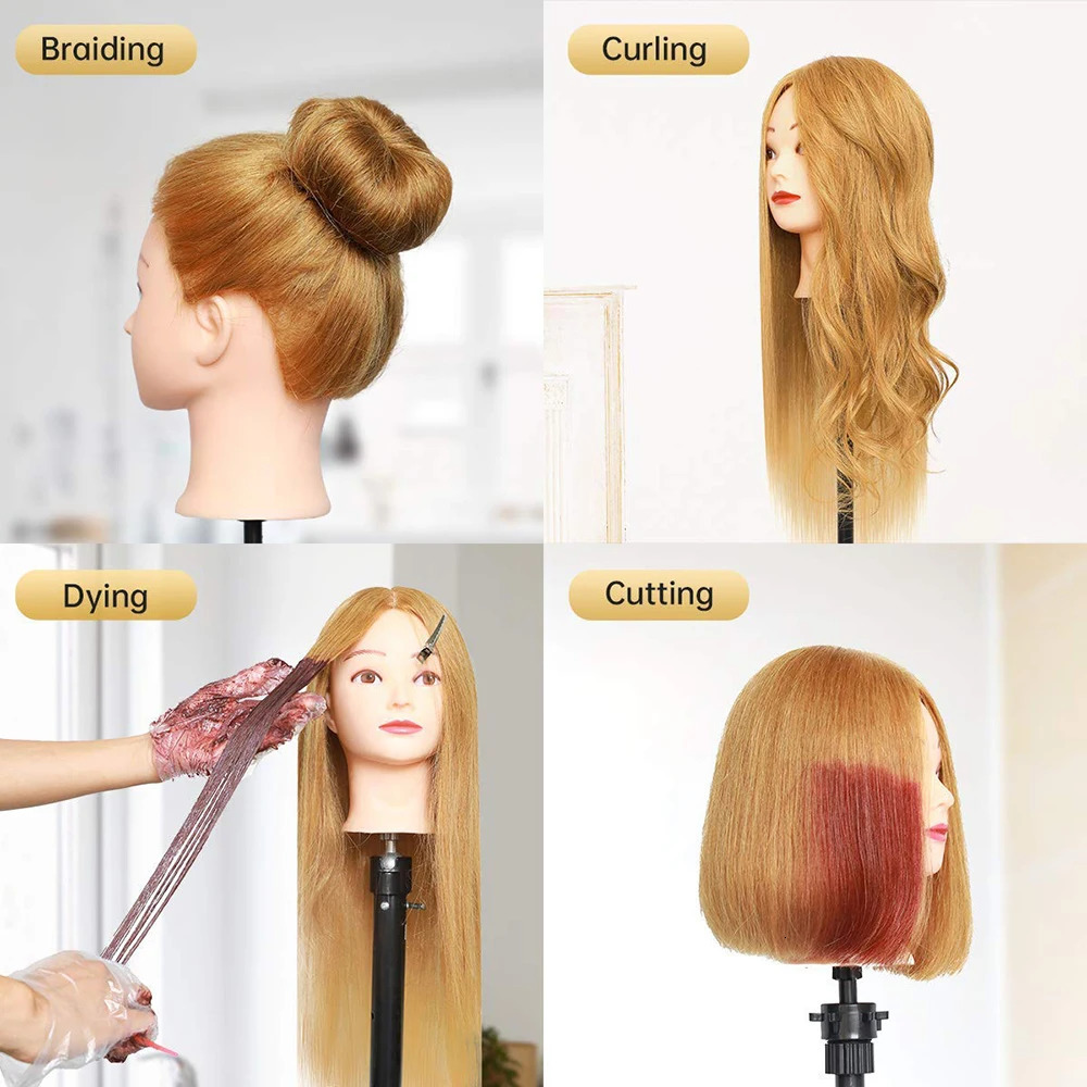 Mannequin Head with Human Hair for Dolls Hairstyles Professional Styling Hairdressing Barber Training Heads 60cm 250114