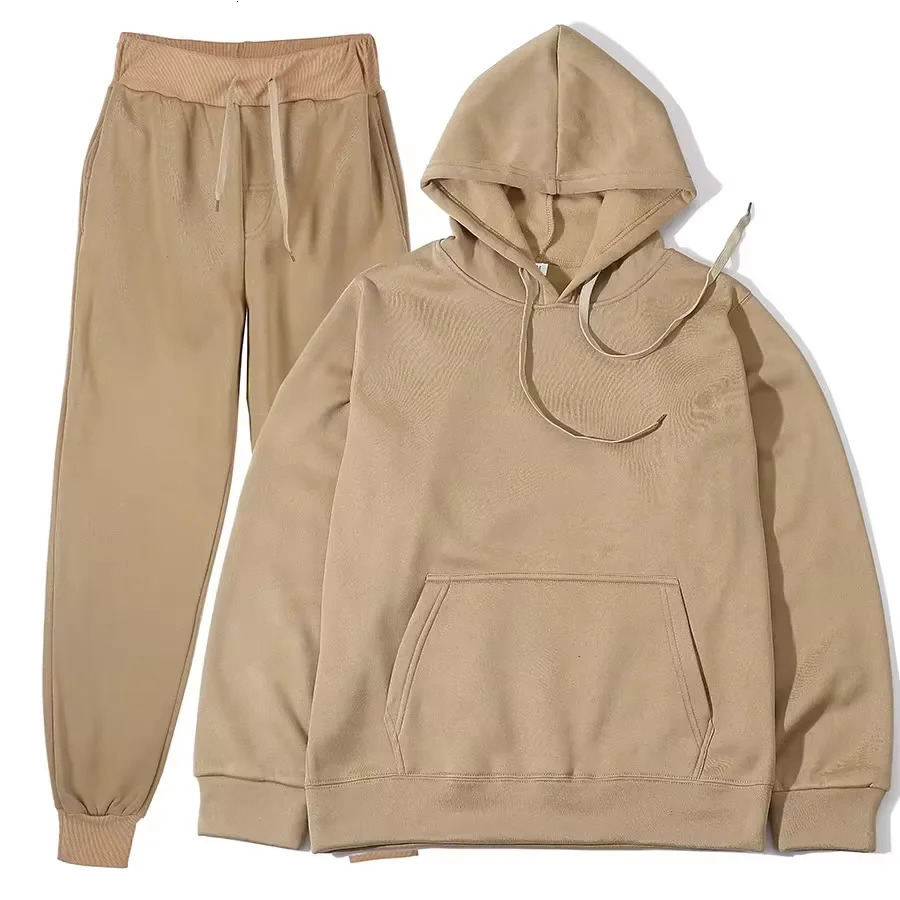 autumn and winter velvet warm hooded sweatpants mens and womens two-piece set solid color loose sports jogging set 250117